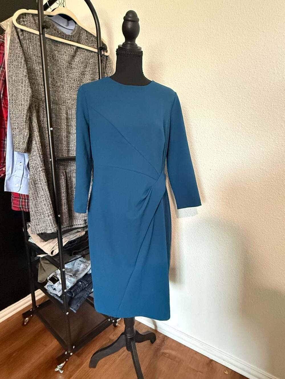 Calvin Klein Women's Teal 3/4 Sleeve Ruched Side Sheath Dress